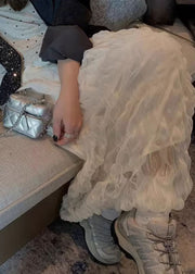 Elegant White Wrinkled Solid Elastic Waist Tulle Skirt Fall