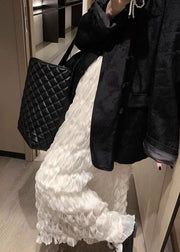 Elegant White Wrinkled Solid Elastic Waist Tulle Skirt Fall