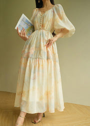 Elegant Wrinkled Print Tie Waist Cotton Long Dress Summer