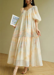 Elegant Wrinkled Print Tie Waist Cotton Long Dress Summer