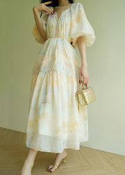 Elegant Wrinkled Print Tie Waist Cotton Long Dress Summer
