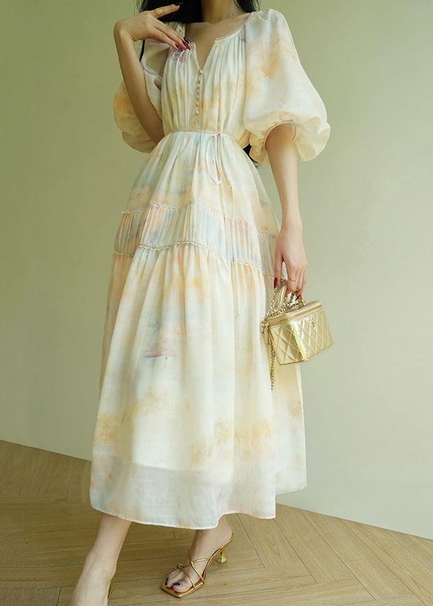 Elegant Wrinkled Print Tie Waist Cotton Long Dress Summer