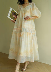 Elegant Wrinkled Print Tie Waist Cotton Long Dress Summer