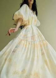 Elegant Wrinkled Print Tie Waist Cotton Long Dress Summer