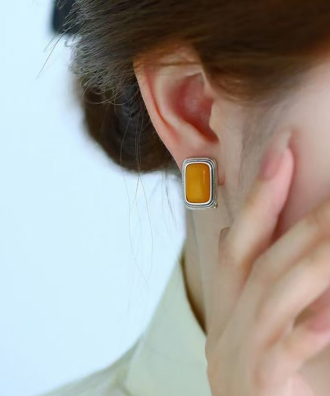 Elegant Yellow Alloy Square Beeswax Stud Earrings