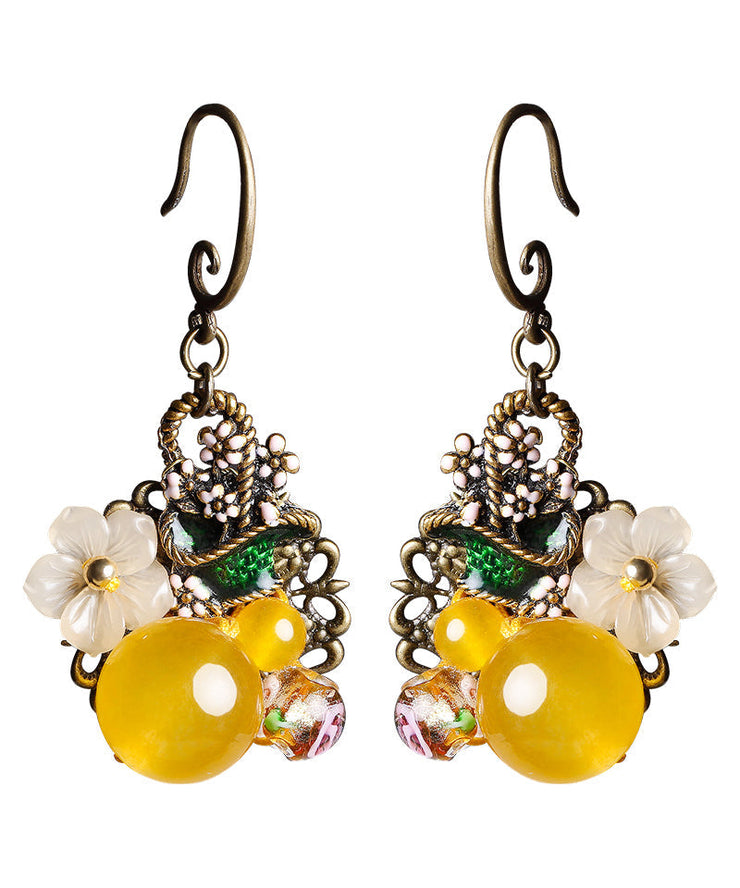 Elegant Yellow Floral Copper Drop Earrings