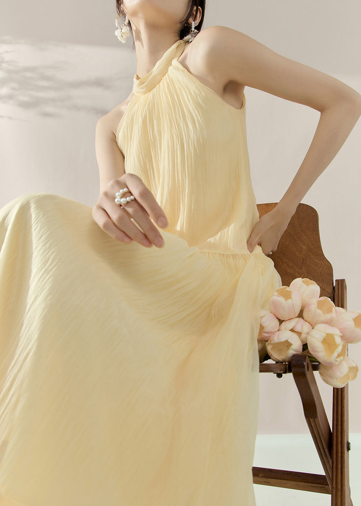 Elegant Yellow Halter Cold Shoulder Patchwork Holiday Maxi Dresses Summer