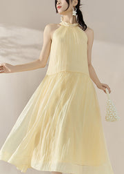 Elegant Yellow Halter Cold Shoulder Patchwork Holiday Maxi Dresses Summer