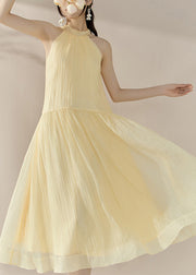 Elegant Yellow Halter Cold Shoulder Patchwork Holiday Maxi Dresses Summer