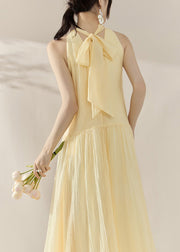 Elegant Yellow Halter Cold Shoulder Patchwork Holiday Maxi Dresses Summer
