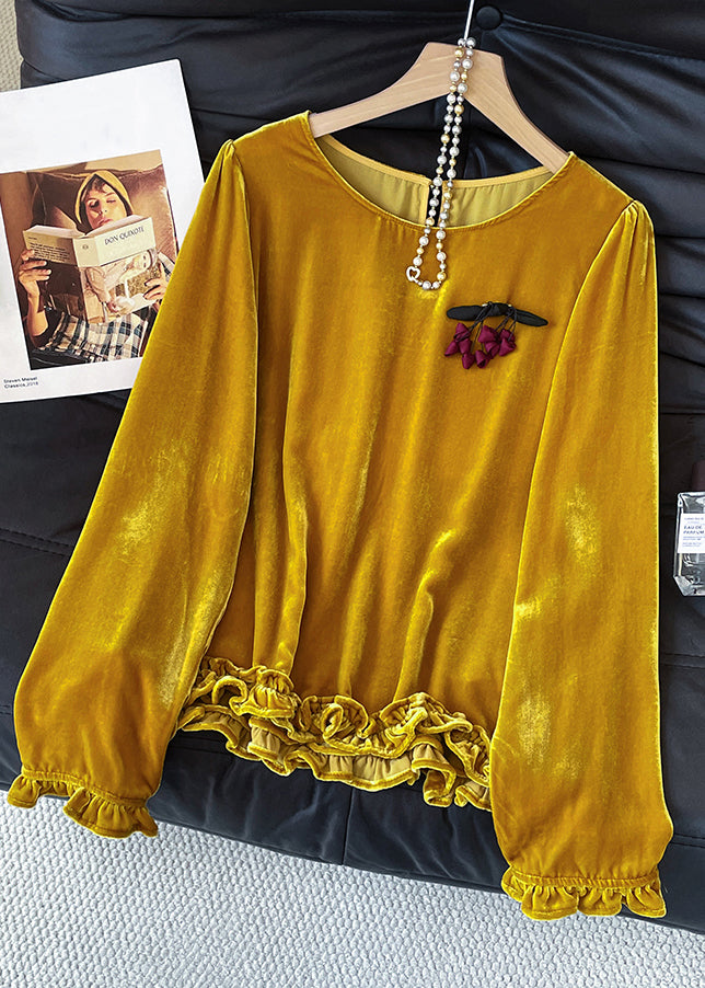 Elegant Yellow O Neck Ruffled Silk Velour T Shirt Fall