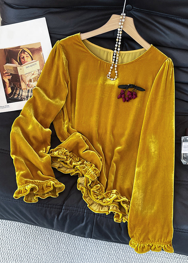 Elegant Yellow O Neck Ruffled Silk Velour T Shirt Fall