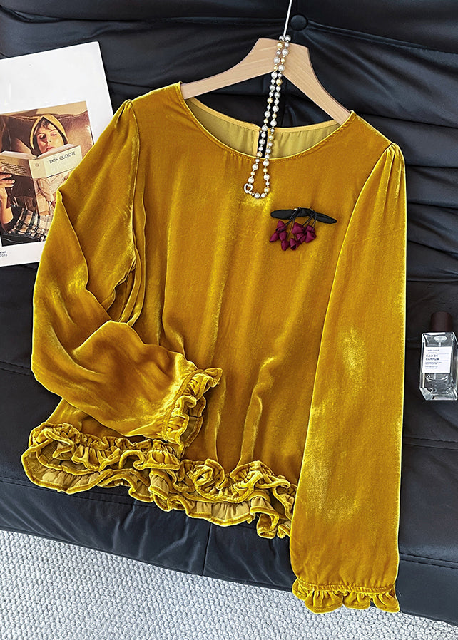 Elegant Yellow O Neck Ruffled Silk Velour T Shirt Fall