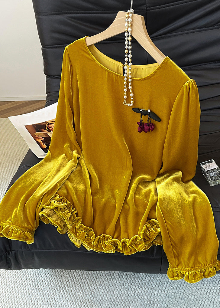 Elegant Yellow O Neck Ruffled Silk Velour T Shirt Fall
