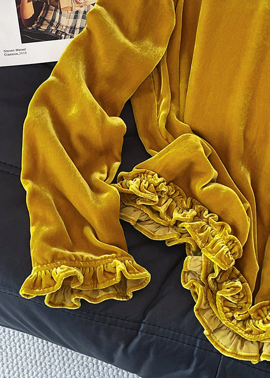 Elegant Yellow O Neck Ruffled Silk Velour T Shirt Fall