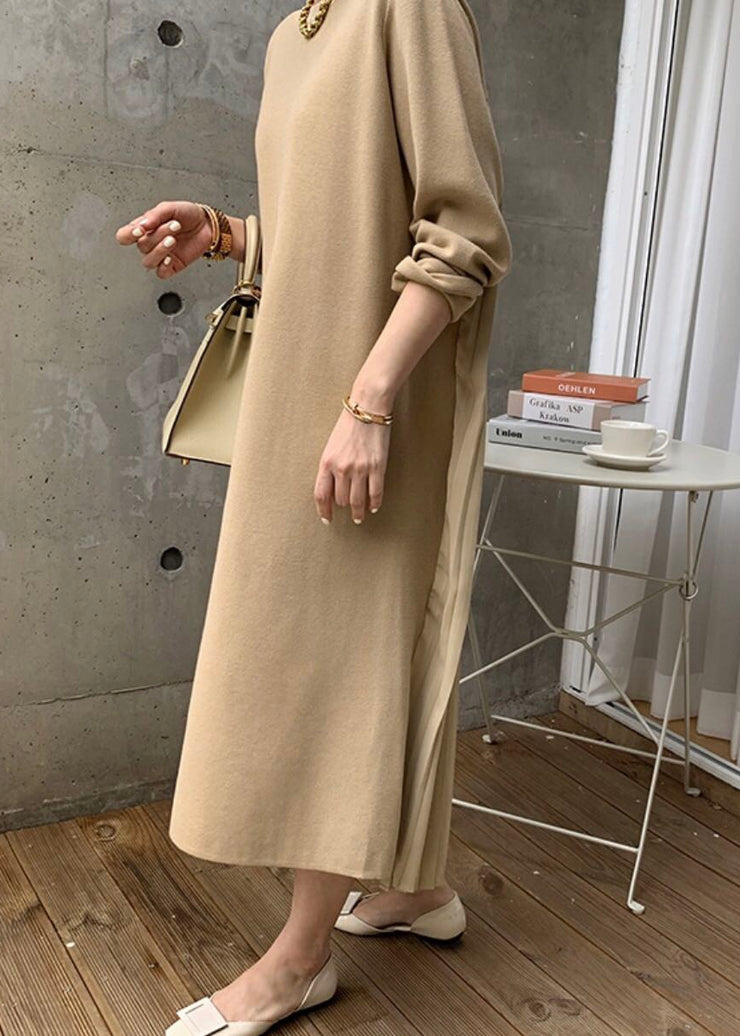 Elegant Yellow O Neck Wrinkled Patchwork Cotton Long Dress Winter