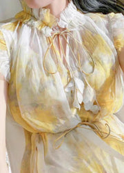 Elegant Yellow Ruffled Lace Up Chiffon Two Pieces Set Sleeveless