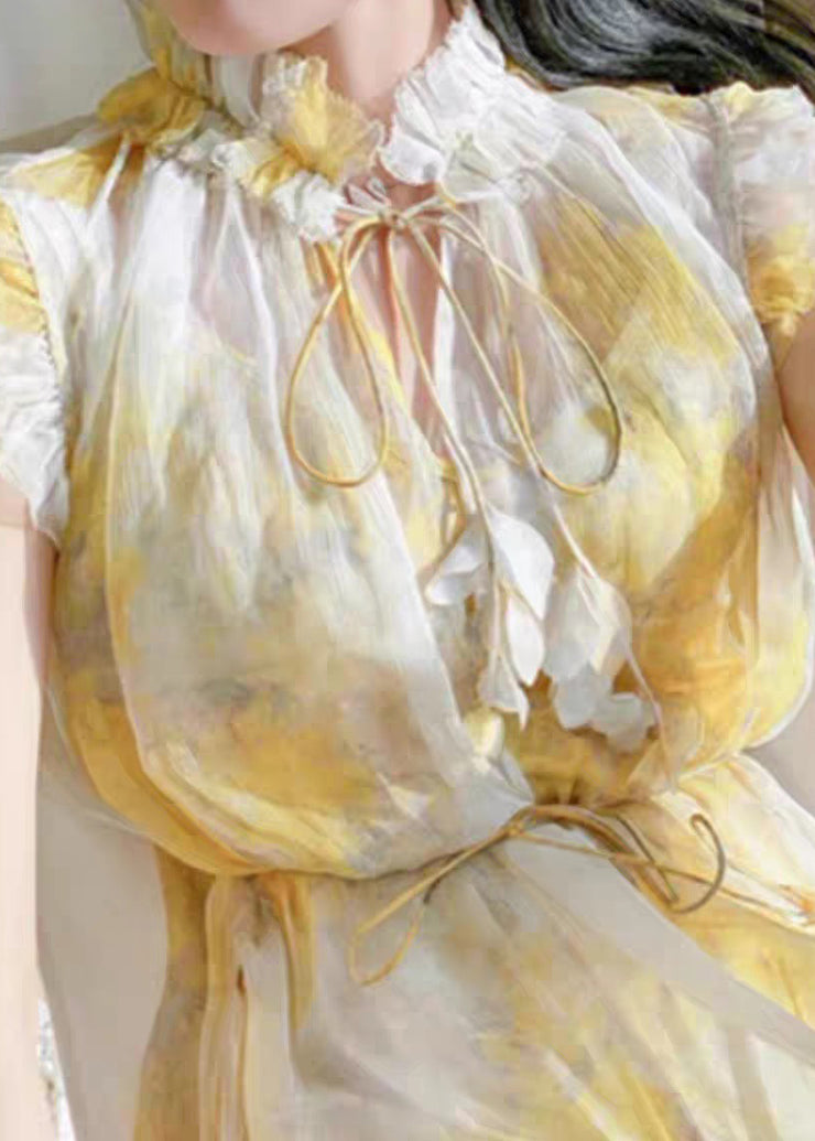 Elegant Yellow Ruffled Lace Up Chiffon Two Pieces Set Sleeveless