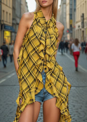 Elegant Yellow Ruffled Plaid Cotton Blouse Tops Sleeveless
