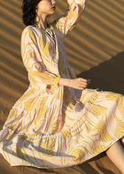 Elegant Yellow Ruffled Print Lace Up Cotton Long Dresses Half Sleeve