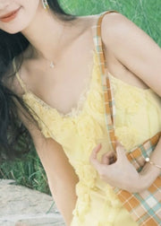Elegant Yellow V Neck Floral High Waist Spaghetti Strap Dress Sleeveless