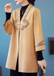 Elegant Yellow V Neck Pockets Woolen Coats Three Quarter Sleeve