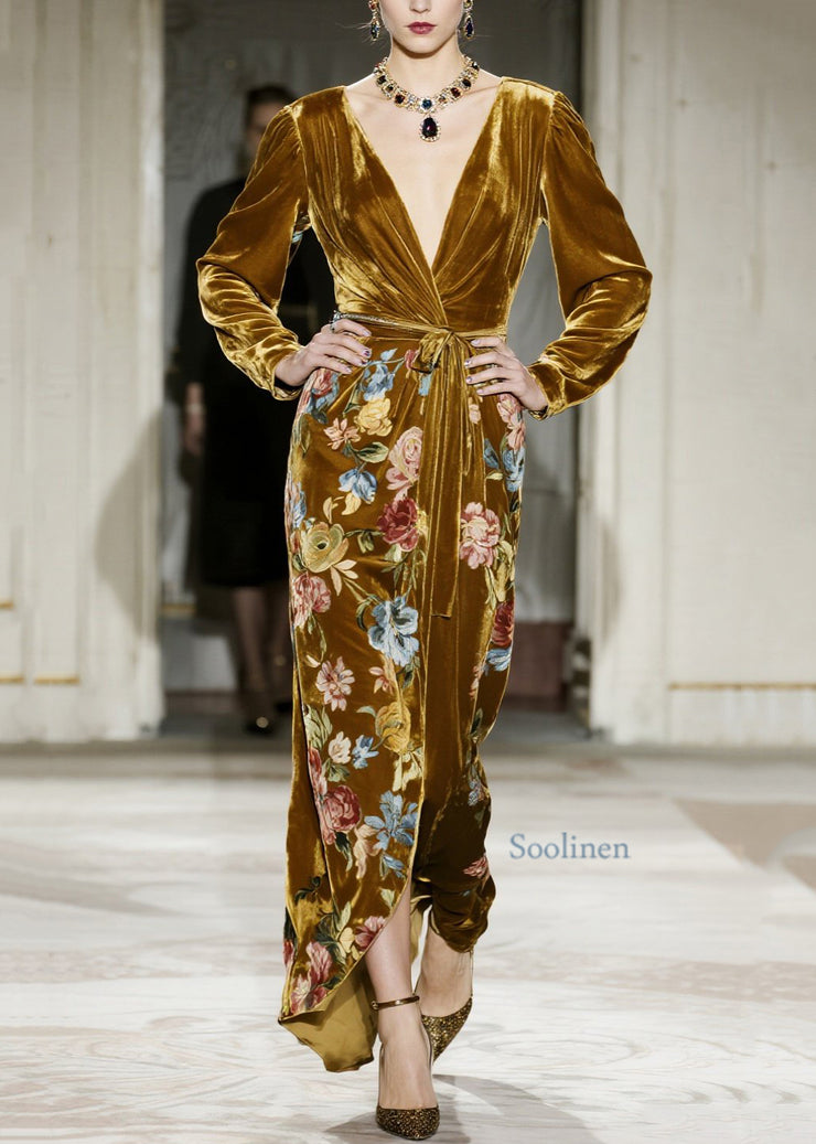 Elegant Yellow V Neck Print Velvet Maxi Dresses Fall