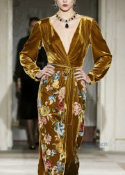 Elegant Yellow V Neck Print Velvet Maxi Dresses Fall