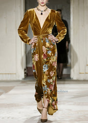 Elegant Yellow V Neck Print Velvet Maxi Dresses Fall