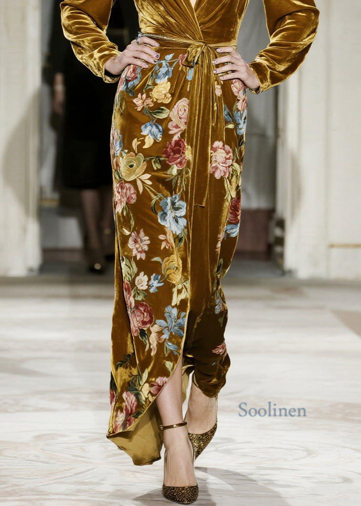 Elegant Yellow V Neck Print Velvet Maxi Dresses Fall