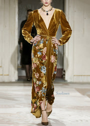 Elegant Yellow V Neck Print Velvet Maxi Dresses Fall