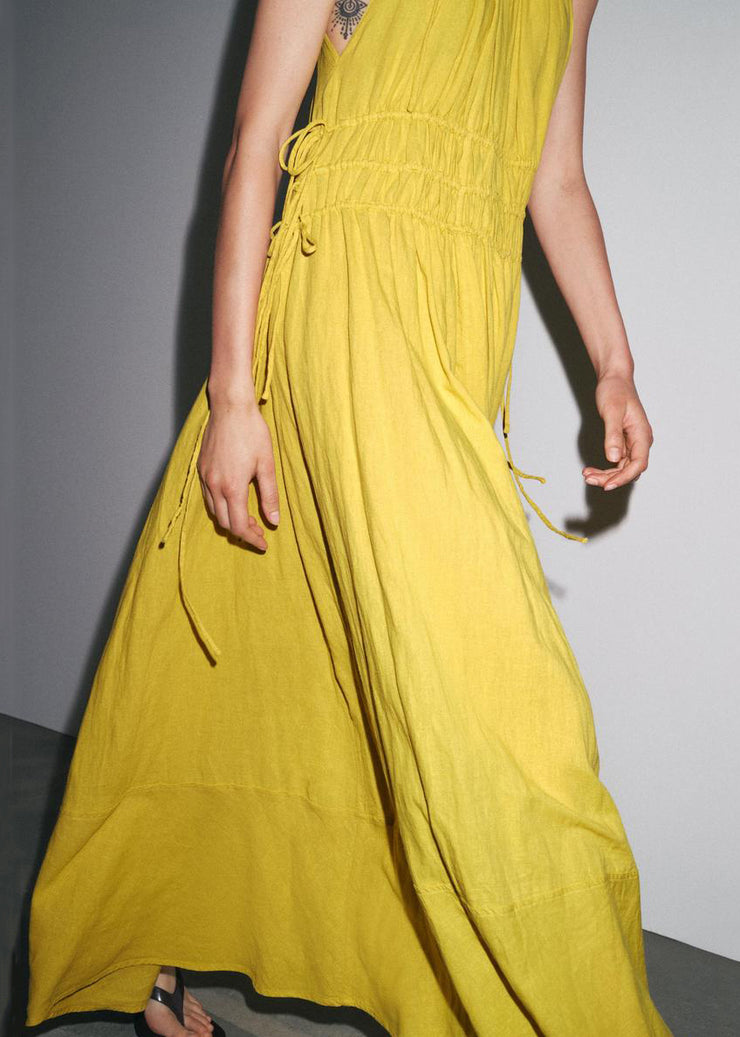 Elegant Yellow Wrinkled Lace Up Linen Spaghetti Strap Dress Sleeveless