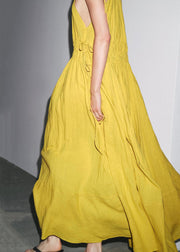 Elegant Yellow Wrinkled Lace Up Linen Spaghetti Strap Dress Sleeveless