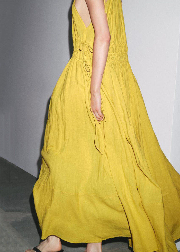 Elegant Yellow Wrinkled Lace Up Linen Spaghetti Strap Dress Sleeveless