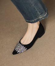 Elegant Zircon Splicing Flat Shoes Silver Sheepskin Pointed Toe