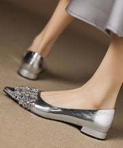 Elegant Zircon Splicing Flat Shoes Silver Sheepskin Pointed Toe