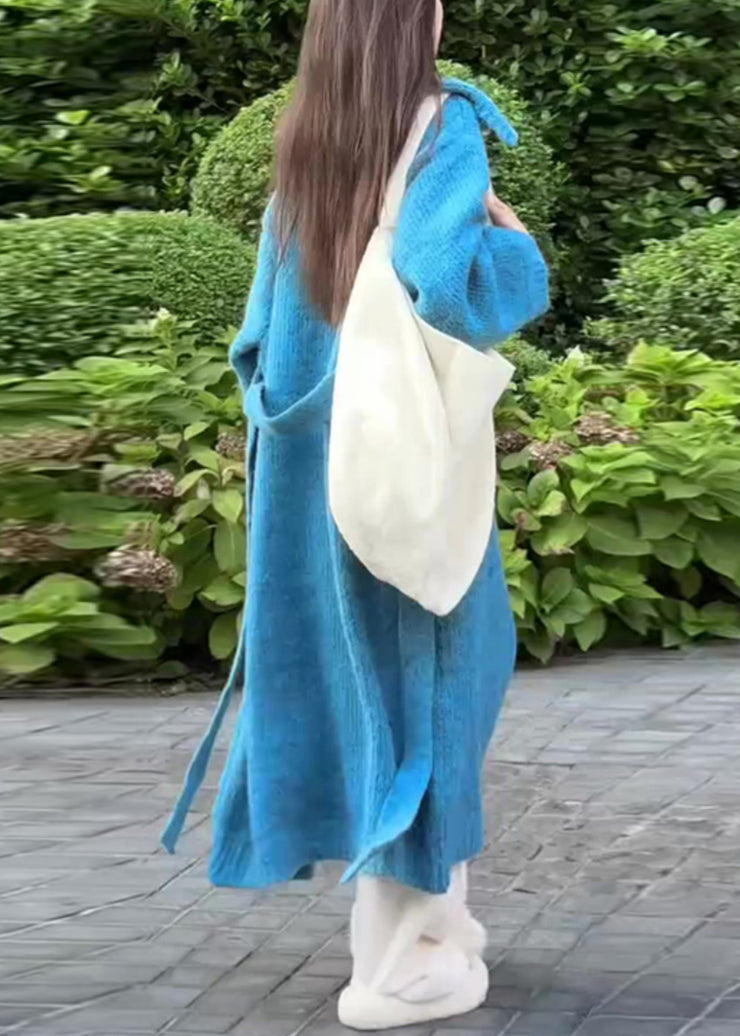 ElegantBlue Peter Pan Collar Tie Waist Knit Long Coat Fall