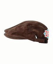 Ethnic Retro Coffee Flower Embroidered Corduroy Beret Hat