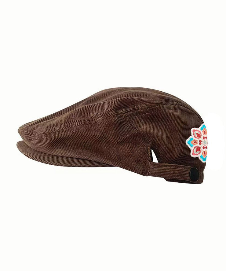 Ethnic Retro Coffee Flower Embroidered Corduroy Beret Hat