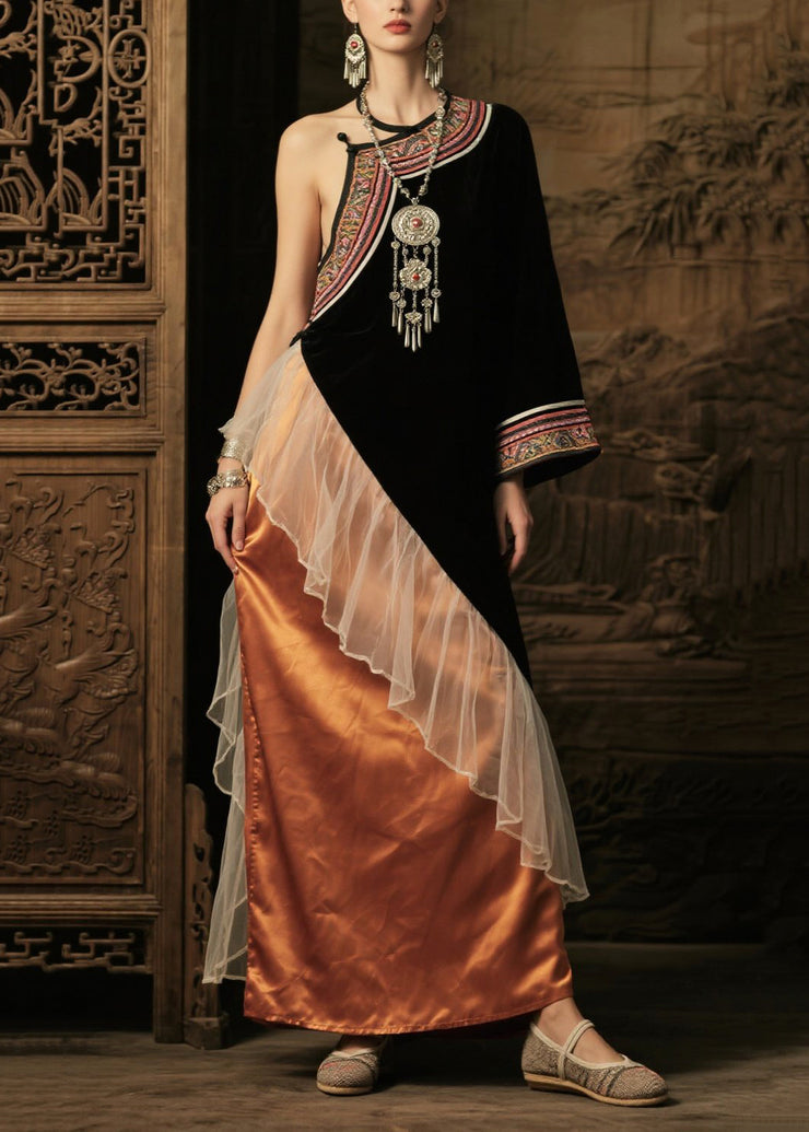 Ethnic Style Black Asymmetrical Patchwork Silk One Shoulder Dress Summer