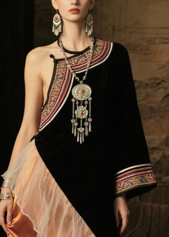 Ethnic Style Black Asymmetrical Patchwork Silk One Shoulder Dress Summer
