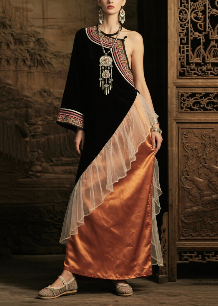 Ethnic Style Black Asymmetrical Patchwork Silk One Shoulder Dress Summer