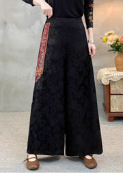 Ethnic Style Black Embroidered Patchwork Silk Pants Spring