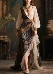 Ethnic Style Black Exra Large Hem Patchwork Chiffon Long Dress Summer