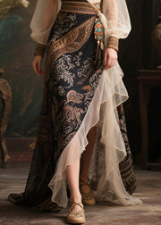 Ethnic Style Black Exra Large Hem Patchwork Chiffon Long Dress Summer