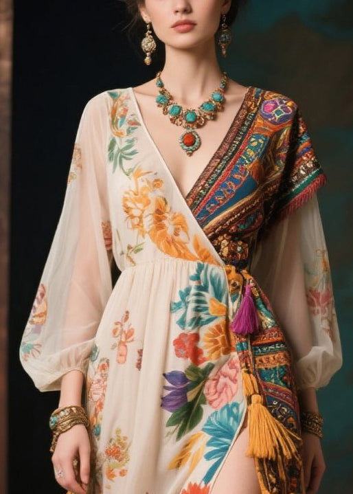 Ethnic Style Colorblock Tasseled Side Open Chiffon Dress Summer