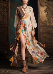 Ethnic Style Colorblock Tasseled Side Open Chiffon Dress Summer