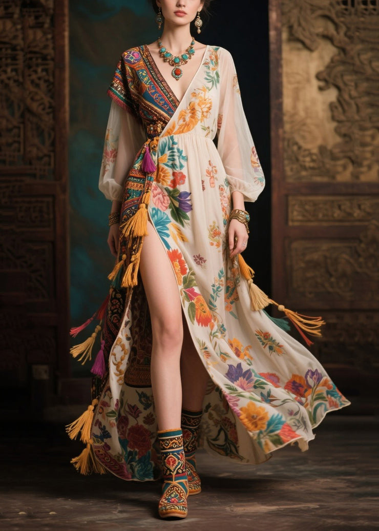 Ethnic Style Colorblock Tasseled Side Open Chiffon Dress Summer