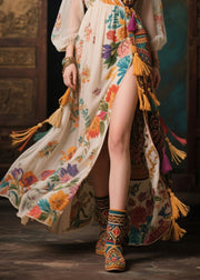Ethnic Style Colorblock Tasseled Side Open Chiffon Dress Summer
