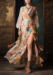 Ethnic Style Colorblock Tasseled Side Open Chiffon Dress Summer